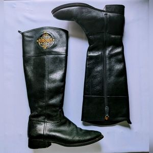 Tory Burch Black Leather Boots Size 8 M 2" Gold Logo